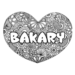 Coloraci&oacute;n del nombre BAKARY - decorado mandala de coraz&oacute;n