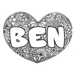Coloraci&oacute;n del nombre BEN - decorado mandala de coraz&oacute;n