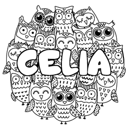 Coloraci&oacute;n del nombre CELIA - decorado b&uacute;hos
