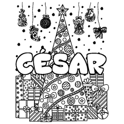 Coloraci&oacute;n del nombre C&Eacute;SAR - decorado &aacute;rbol de Navidad y regalos