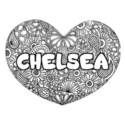Coloraci&oacute;n del nombre CHELSEA - decorado mandala de coraz&oacute;n