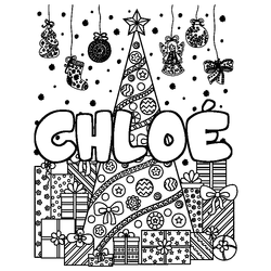 Coloraci&oacute;n del nombre CHLO&Eacute; - decorado &aacute;rbol de Navidad y regalos