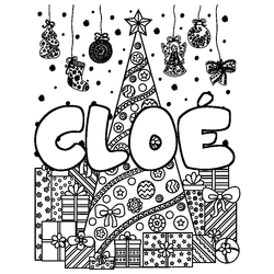 Coloraci&oacute;n del nombre CLO&Eacute; - decorado &aacute;rbol de Navidad y regalos