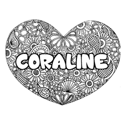 Coloraci&oacute;n del nombre CORALINE - decorado mandala de coraz&oacute;n