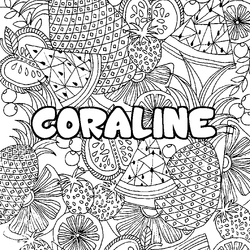 Coloraci&oacute;n del nombre CORALINE - decorado mandala de frutas