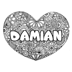 Coloraci&oacute;n del nombre DAMIAN - decorado mandala de coraz&oacute;n