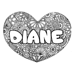 Coloraci&oacute;n del nombre DIANE - decorado mandala de coraz&oacute;n