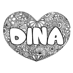 Coloraci&oacute;n del nombre DINA - decorado mandala de coraz&oacute;n