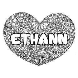 Coloraci&oacute;n del nombre ETHANN - decorado mandala de coraz&oacute;n