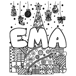 Coloraci&oacute;n del nombre EMA - decorado &aacute;rbol de Navidad y regalos