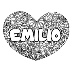 Coloraci&oacute;n del nombre EMILIO - decorado mandala de coraz&oacute;n
