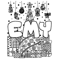 Coloraci&oacute;n del nombre EMY - decorado &aacute;rbol de Navidad y regalos