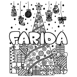 Coloraci&oacute;n del nombre FARIDA - decorado &aacute;rbol de Navidad y regalos