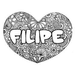 Coloraci&oacute;n del nombre FILIPE - decorado mandala de coraz&oacute;n