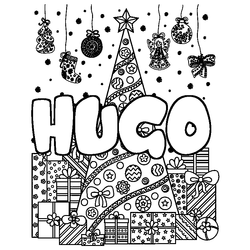 Coloraci&oacute;n del nombre HUGO - decorado &aacute;rbol de Navidad y regalos