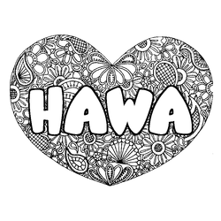 Coloraci&oacute;n del nombre HAWA - decorado mandala de coraz&oacute;n