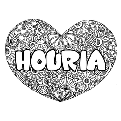 Coloraci&oacute;n del nombre HOURIA - decorado mandala de coraz&oacute;n