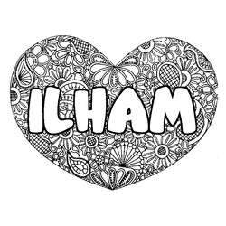 Coloraci&oacute;n del nombre ILHAM - decorado mandala de coraz&oacute;n