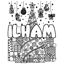 Coloraci&oacute;n del nombre ILHAM - decorado &aacute;rbol de Navidad y regalos