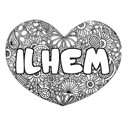 Coloraci&oacute;n del nombre ILHEM - decorado mandala de coraz&oacute;n
