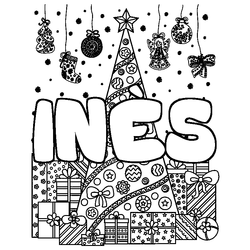 Coloraci&oacute;n del nombre IN&Egrave;S - decorado &aacute;rbol de Navidad y regalos
