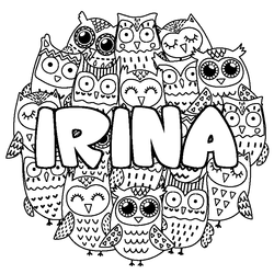 Coloraci&oacute;n del nombre IRINA - decorado b&uacute;hos