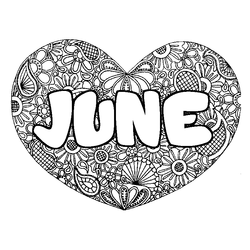 Coloraci&oacute;n del nombre JUNE - decorado mandala de coraz&oacute;n