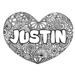 Coloraci&oacute;n del nombre JUSTIN - decorado mandala de coraz&oacute;n