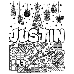 Coloraci&oacute;n del nombre JUSTIN - decorado &aacute;rbol de Navidad y regalos