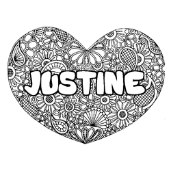 Coloraci&oacute;n del nombre JUSTINE - decorado mandala de coraz&oacute;n