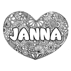Coloraci&oacute;n del nombre JANNA - decorado mandala de coraz&oacute;n