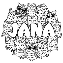 Coloraci&oacute;n del nombre JANA - decorado b&uacute;hos