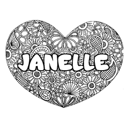 Coloraci&oacute;n del nombre JANELLE - decorado mandala de coraz&oacute;n