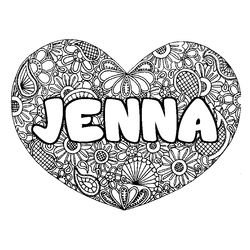 Coloraci&oacute;n del nombre JENNA - decorado mandala de coraz&oacute;n