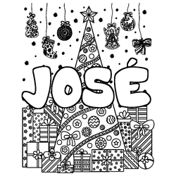 Coloraci&oacute;n del nombre JOS&Eacute; - decorado &aacute;rbol de Navidad y regalos