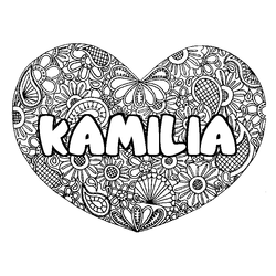 Coloraci&oacute;n del nombre KAMILIA - decorado mandala de coraz&oacute;n