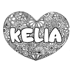 Coloraci&oacute;n del nombre KELIA - decorado mandala de coraz&oacute;n