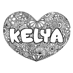 Coloraci&oacute;n del nombre KELYA - decorado mandala de coraz&oacute;n