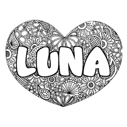 Coloraci&oacute;n del nombre LUNA - decorado mandala de coraz&oacute;n