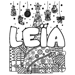 Coloraci&oacute;n del nombre LE&Iuml;A - decorado &aacute;rbol de Navidad y regalos