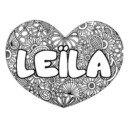 Coloraci&oacute;n del nombre LE&Iuml;LA - decorado mandala de coraz&oacute;n