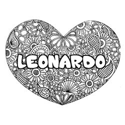 Coloraci&oacute;n del nombre LEONARDO - decorado mandala de coraz&oacute;n