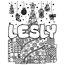 Coloraci&oacute;n del nombre LESLY - decorado &aacute;rbol de Navidad y regalos
