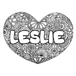 Coloraci&oacute;n del nombre LESLIE - decorado mandala de coraz&oacute;n