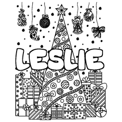 Coloraci&oacute;n del nombre LESLIE - decorado &aacute;rbol de Navidad y regalos