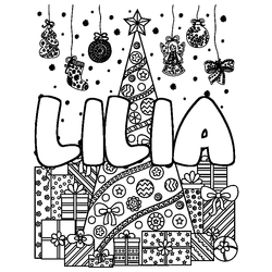 Coloraci&oacute;n del nombre LILIA - decorado &aacute;rbol de Navidad y regalos
