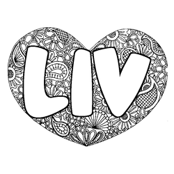 Coloraci&oacute;n del nombre LIV - decorado mandala de coraz&oacute;n