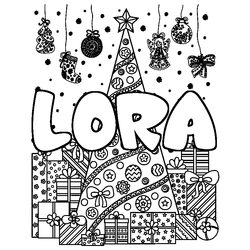 Coloraci&oacute;n del nombre LORA - decorado &aacute;rbol de Navidad y regalos