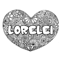 Coloraci&oacute;n del nombre LORELEI - decorado mandala de coraz&oacute;n