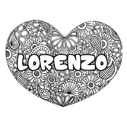 Coloraci&oacute;n del nombre LORENZO - decorado mandala de coraz&oacute;n